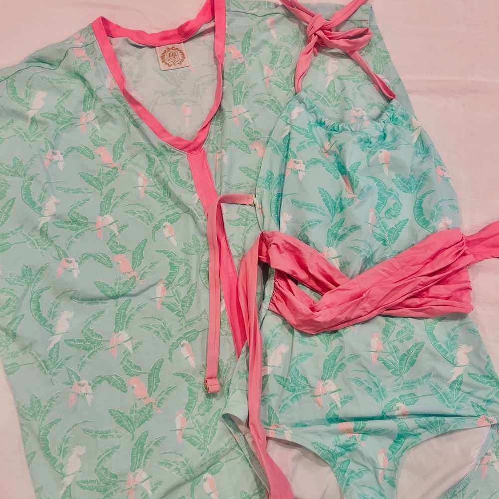 The Beaufort Bonnet Company Mint and Pink Swim suit and matching Coverup